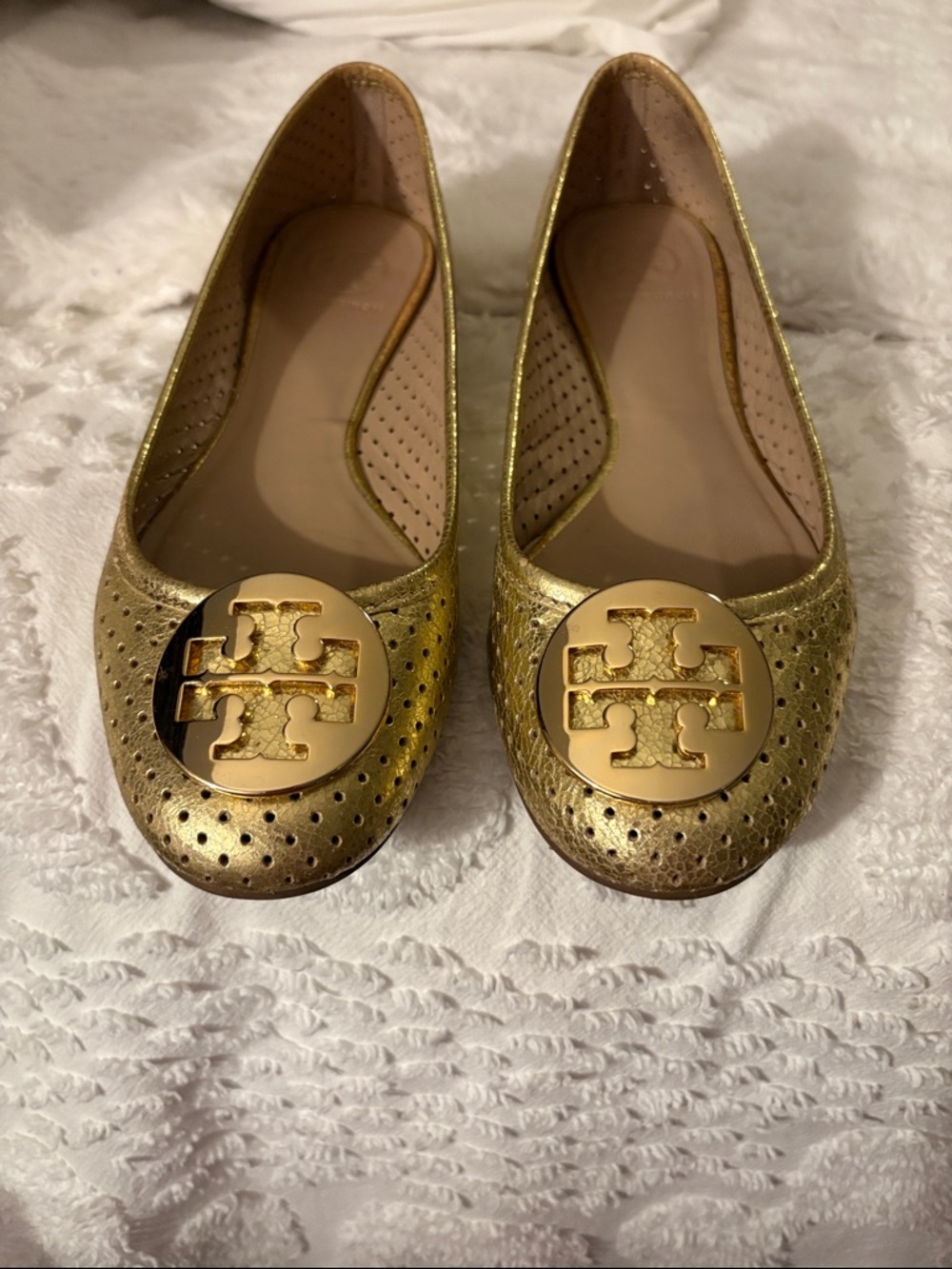 Tory Burch Gold Perforated Logo Round-Toe Flats